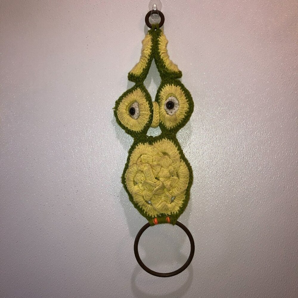 Vintage Owl Yarn Macrame Wall Hanging 1970s Vibe Yellow Bead Eyes Branch 27"